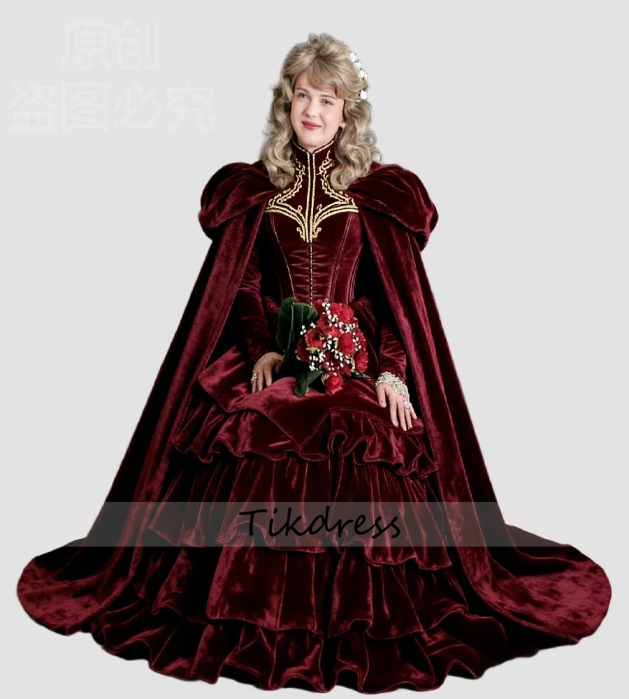 

Aristocratic Burgundy Victorian Evening Dress With Caped Long Sleeve Velvet Renaissance Prom Dress 1540s Medieval Formal Party