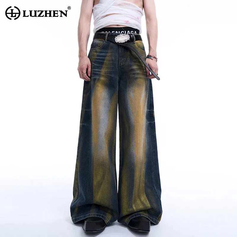 

LUZHEN Autumn New Wornout Scrawl Design Trendy Straight Jeans High Street Retro American Washed Men Wide Leg Denim Pants LZ4927