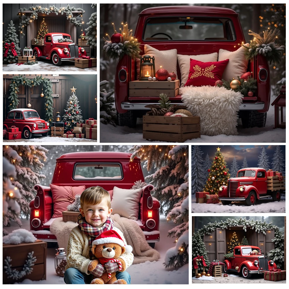 

MOON.QG Red Car Christmas Background Photography Xmas Trees Wooden House Custom Backdrop Photocall Decoration Portrait Poster