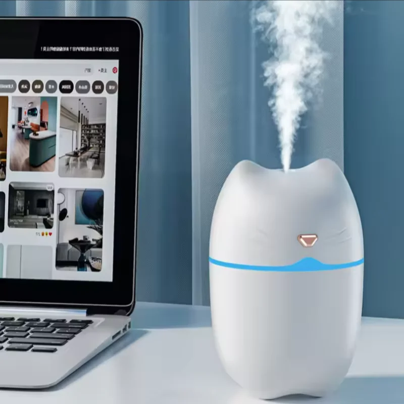 Wielokolorowy Nawilżacz Powietrza 3 w 1 w Kształcie Słodkiego Kota, Dyfuzor USB, Mini Nawilżacz z Lampką Nocną, Kompaktowy, Do Użytku Samochodowego