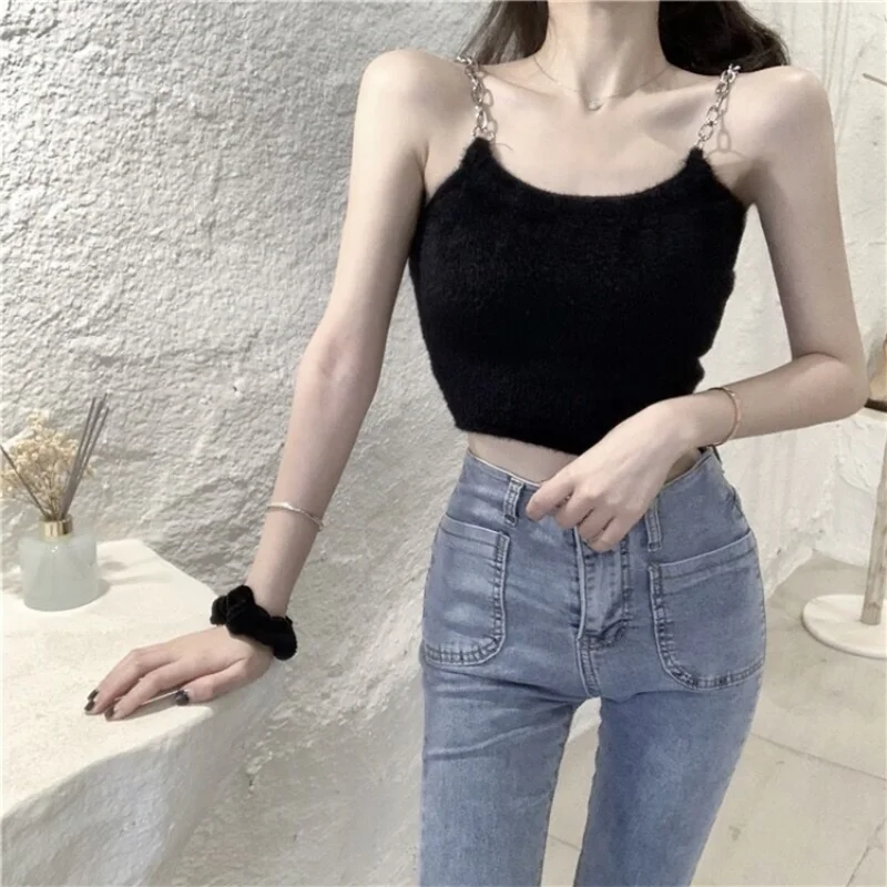 Purple Camis Women Chain Ins Crop Tops Fashion Korean Style Slim Sexy Soft Summer Y2k Young Ladies Hipster Simple Sweet Hot Sale