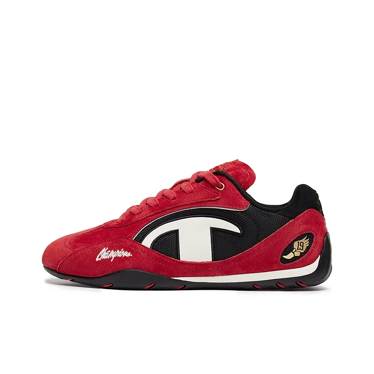 Chaussures décontractées basses en daim Champion Racing pour femme, rouge aurore et noir