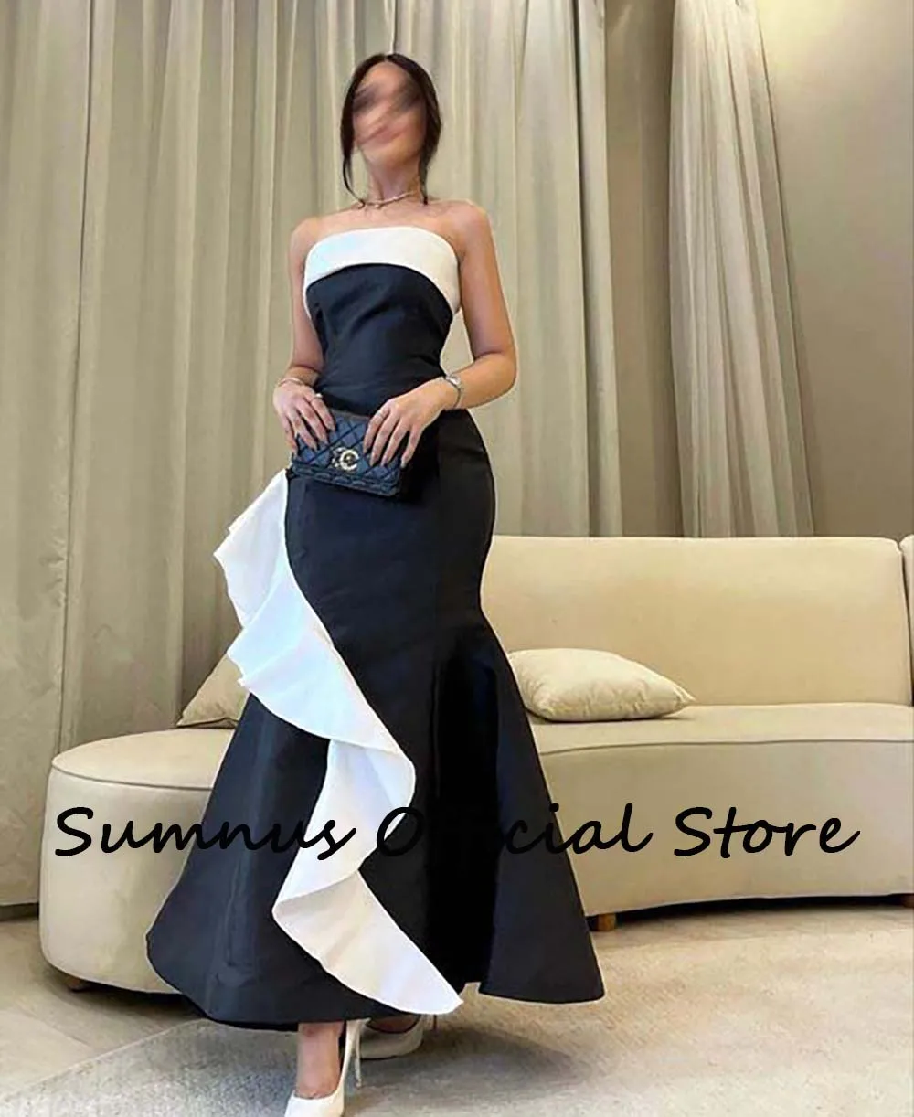 SUMNUS Patchwork Mermaid Evening Dresses Ruched Satin Floor Length Formal Dubai Party Gowns Asymmetric Prom Gowns Strapless 2024