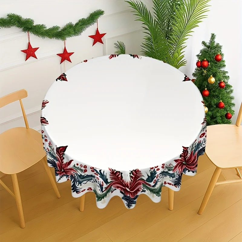 1 round tablecloth decorated with Christmas red, holly leaves and berries - Christmas table cover