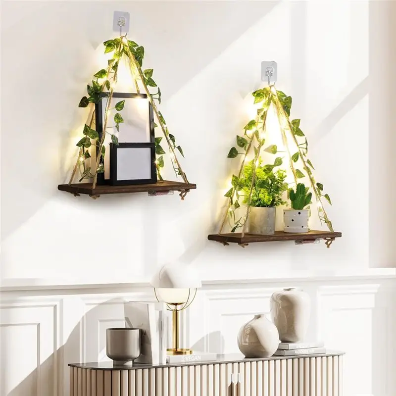 DT39 Floating Shelves for Wall No Drilling, 2 Pack Hanging Plant Shelf with Leaves & Light Strip, Wood Decor for Living Room,