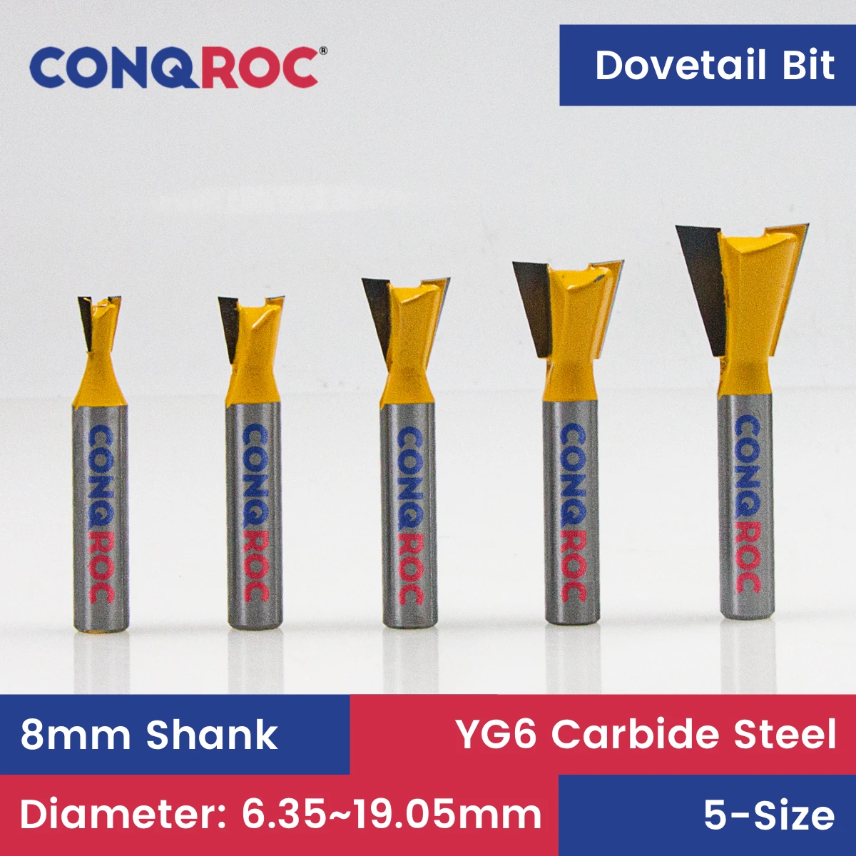 8mm Shank Dovetail Router Bits Set 5-Size Diameter-6.35&9.52&12.7&15.9&19.05mm Woodworking Milling Cutters Kit