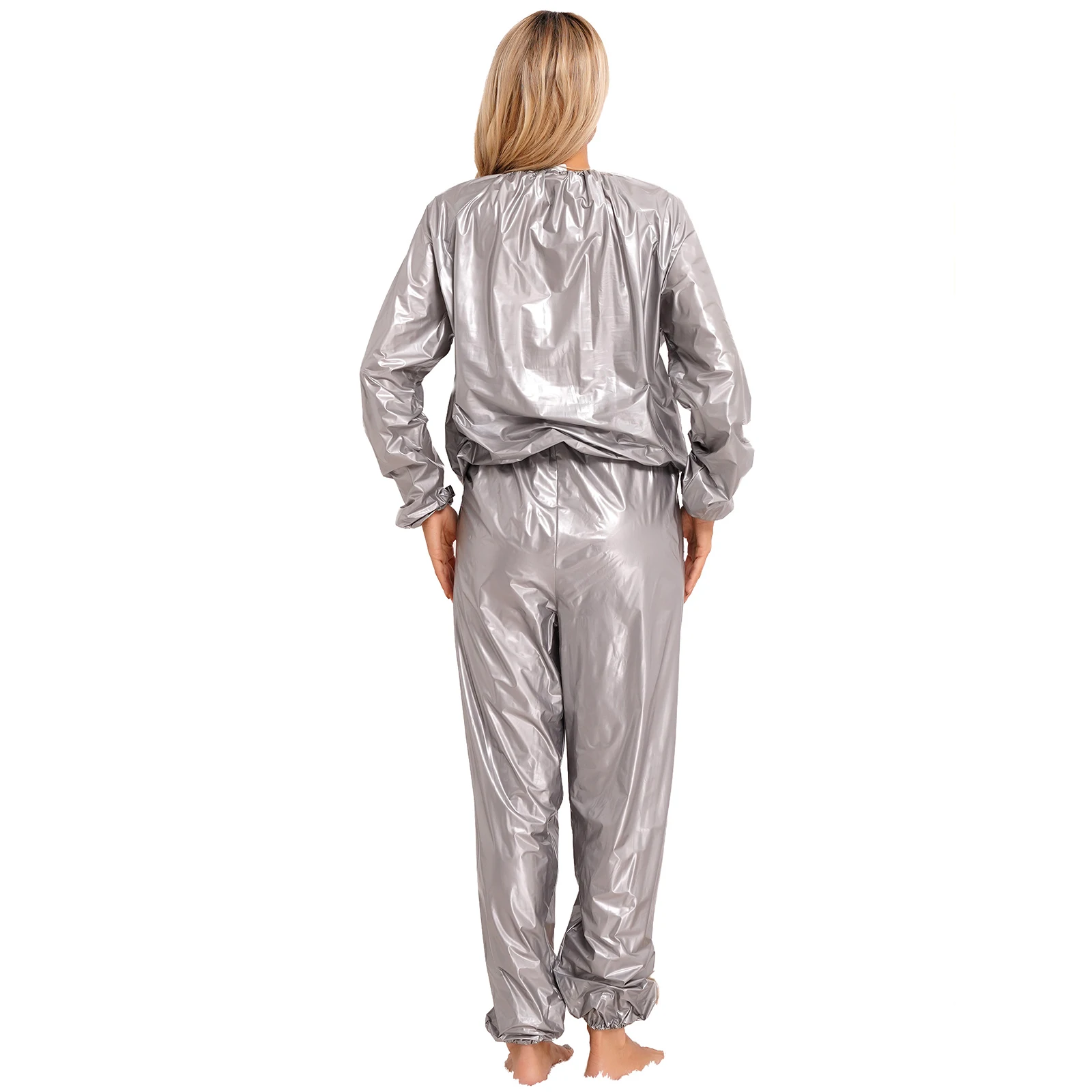 2Pcs Women Sauna Suit PVC Long Sleeve Elastic Cuff Top Pants Set Fitness Gym Workout Outfit Sweat Suits for Adults Clothes Sets