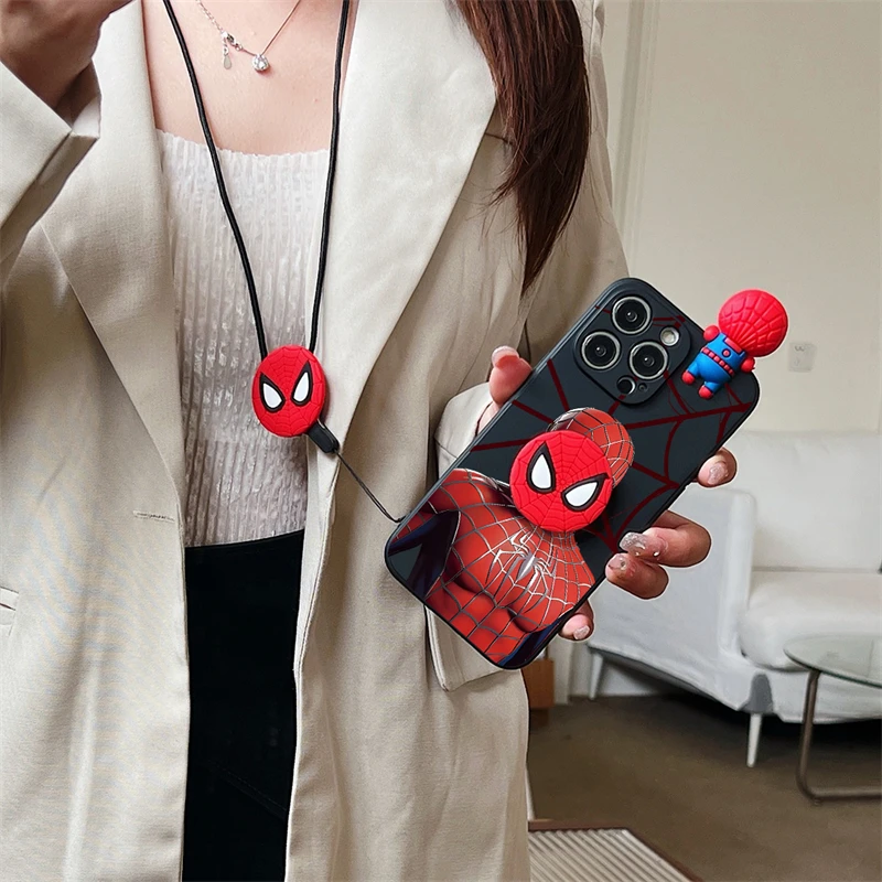 3D Spider Man Cartoon Phone Case For iPhone 8 7 Plus 6 6s 5 SE X XS Max XR SE Marvel cases Strand Holder With Lanyard Cover