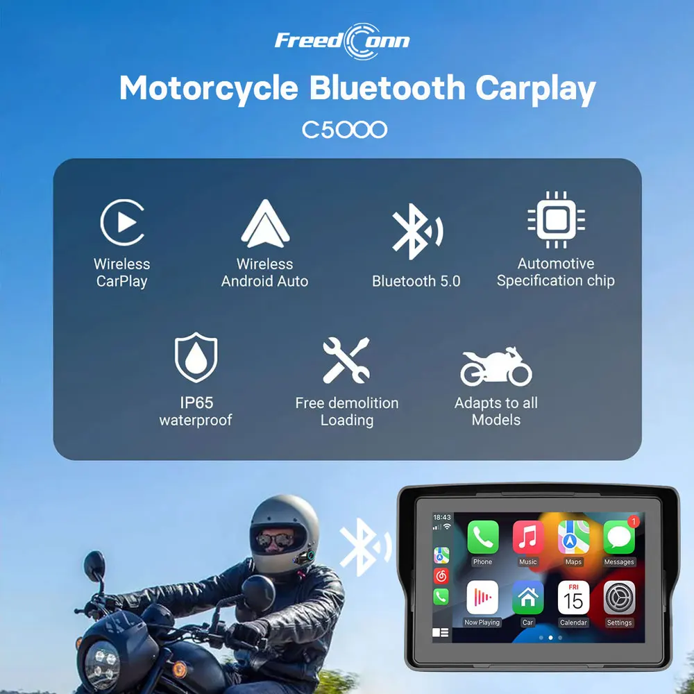 Freedconn Navigation Motorcycle Carplay DVR Bluetooth 5Inch Display Wireless Android Auto Monitor Waterproof IPX7 LCD Display