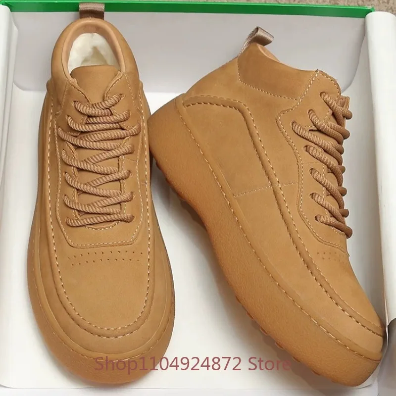 Winter Trendy Cow Suede High Top Snow Boots Men's Thick Wool Warm Ankle Boots Non-slip Casual Sneakers Male Genuine Leather
