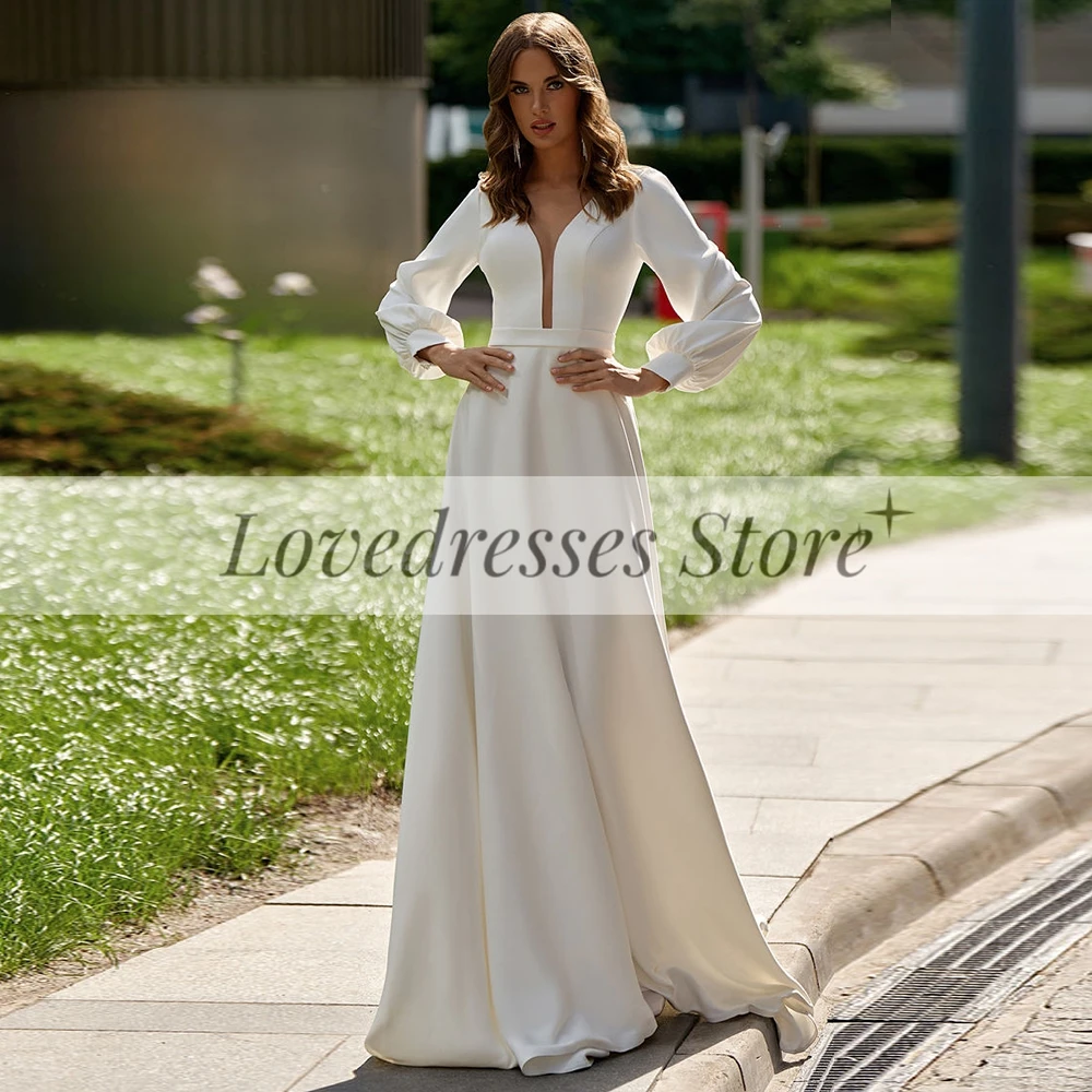 

High Quality Wedding Dress A Line with Full Sleeves Woman Simple Deep V Neck Brides Sweep Train Bridal Gown Zipper Back Custom