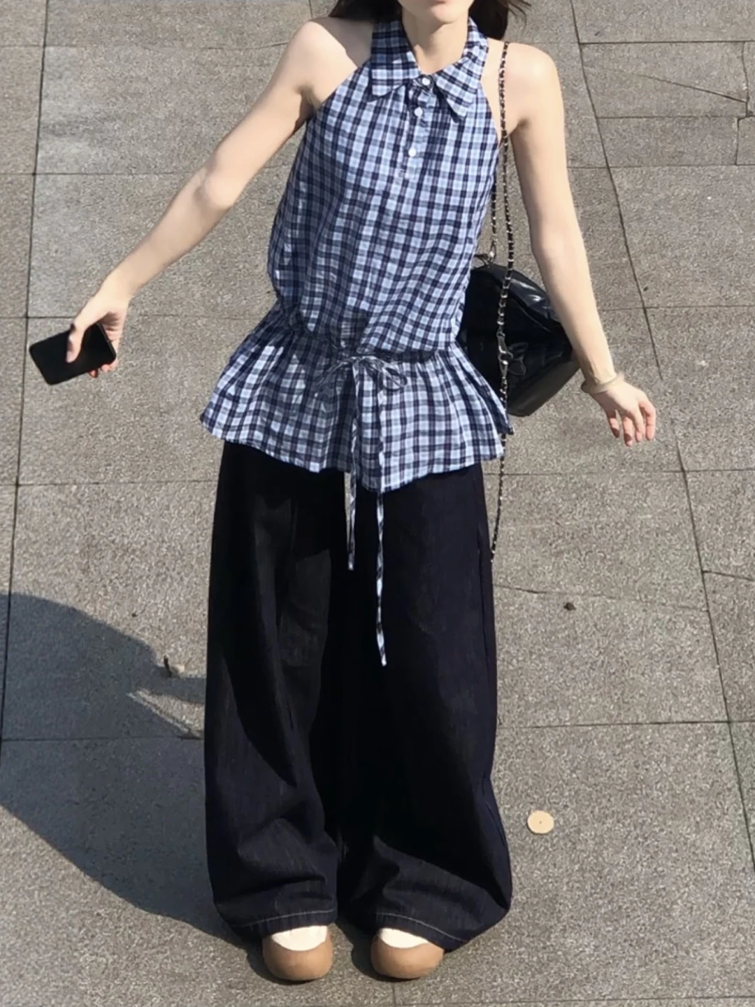 

Blue Plaid Off-oulder Svel irt Women's Summer Dstring Waist Cinched irt Floral Ele Top Korean Sle