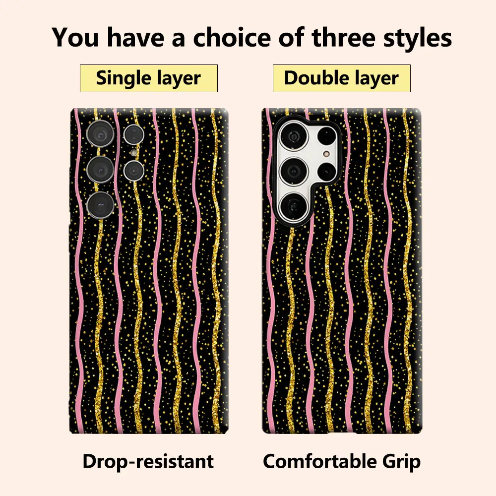 Black Gold Glitter Wavy Line Luxury Fashion Full Lens Protective Case for Samsung Galaxy S26 S25 S24 A56 A36 Plus Ultra