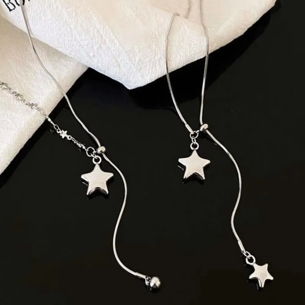 Fashion Silver Star Pendant Long Length Tassel Detail Snake Chain Asymmetrical Design Pendant Style Punk Fashion Unisex