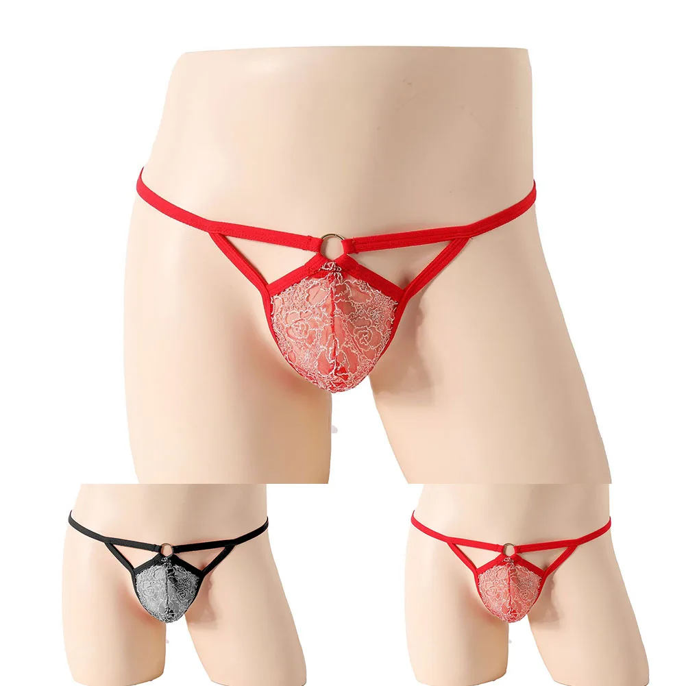 Men Thongs Sexy Briefs Underwear Bulge Pouch Gay Panties Hollow Out G-String Lace Mesh Lingerie T-Back Underpants Thong