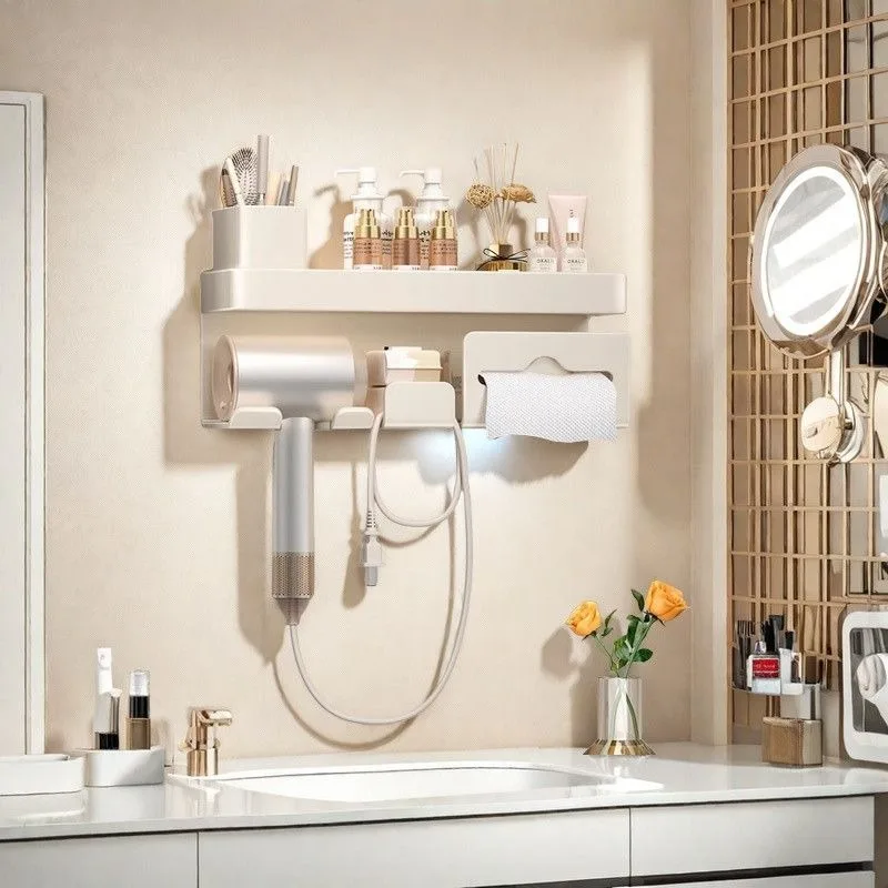Suction cup bathroom toothbrush shelf wall-mounted non-punching hair dryer mouthwash cup storage shelf integrated bracket