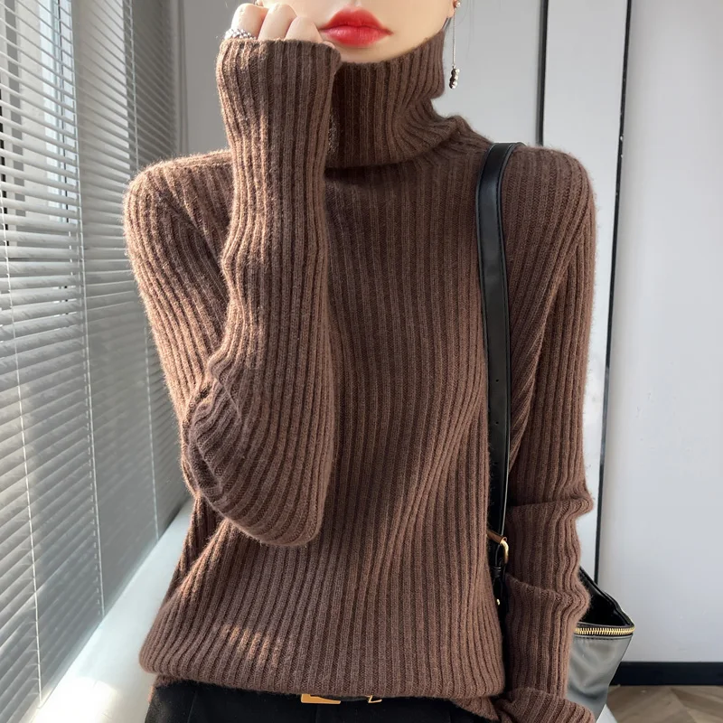 Donne autunno inverno nuovo maglione misto lana collo a pelo strisce verticali Pullover camicia fondo Casual caldo maglia Top