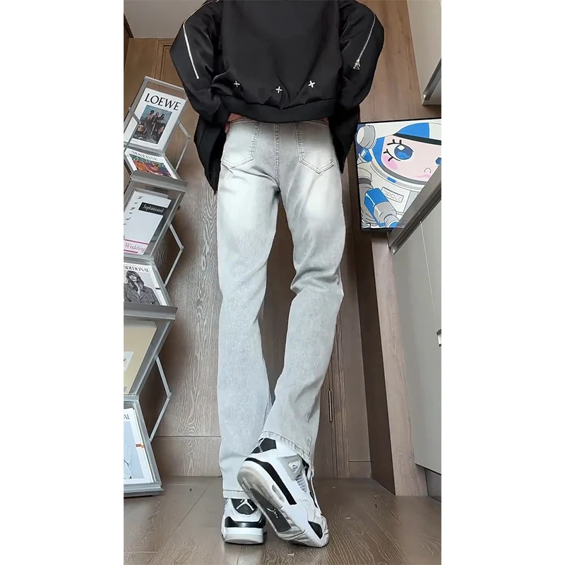 

High Waist Slimming e ey Denim Jeans American Retro Vibe Slim Straight Leg Jeans for Men Waed out Vintage Sle