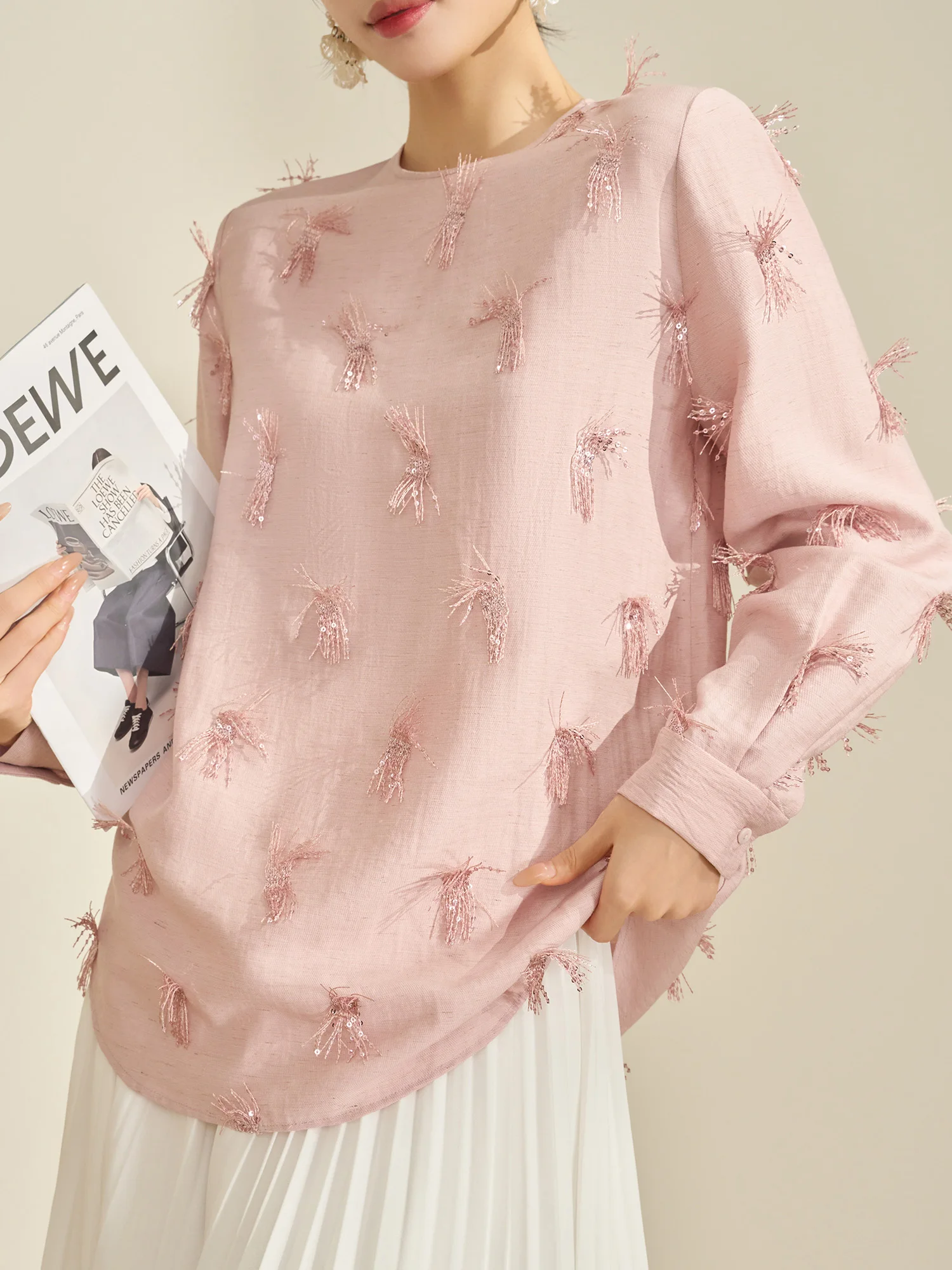 

Flowing Era Design Sensation Fringed Sequin Women's Overhead irt Spring New Sle Anti-Aging Polyester Long Sve round Ne