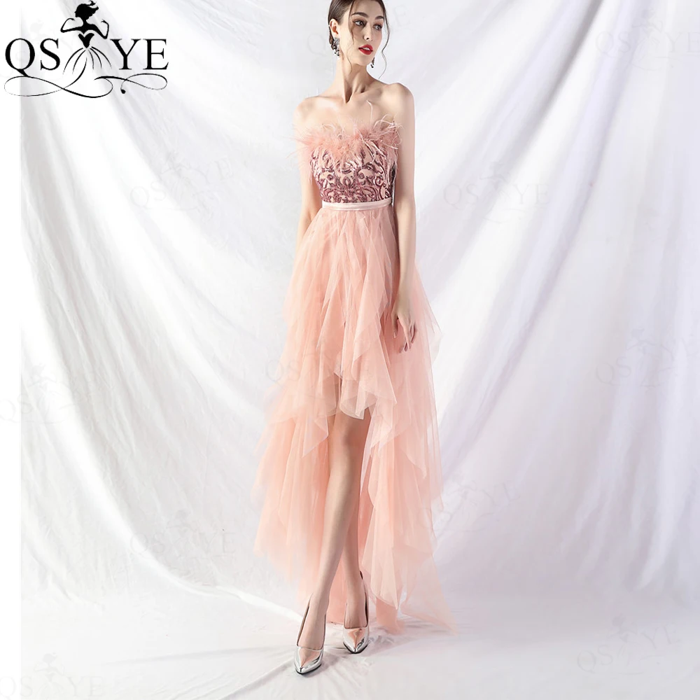 

Baby Pink High-low Prom Dress Ruffles Tulle Off Shoulder Ostrich Fur Petite Evening Gown Sequined Bodice Short Front Long Back