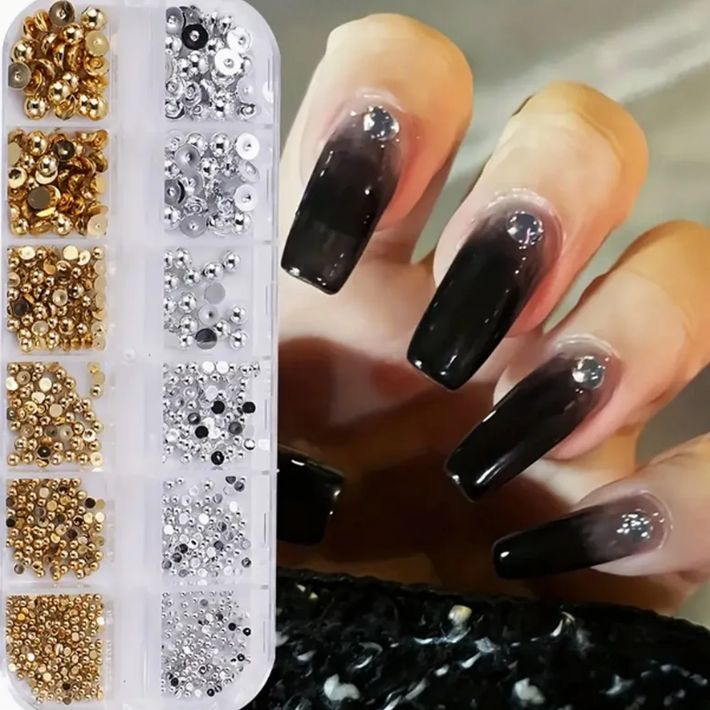 12 Grid Metallic Silvery Steel Balls Nail Art Decorations 3D Golden Size Mixed Pearl Jewelry Accessory