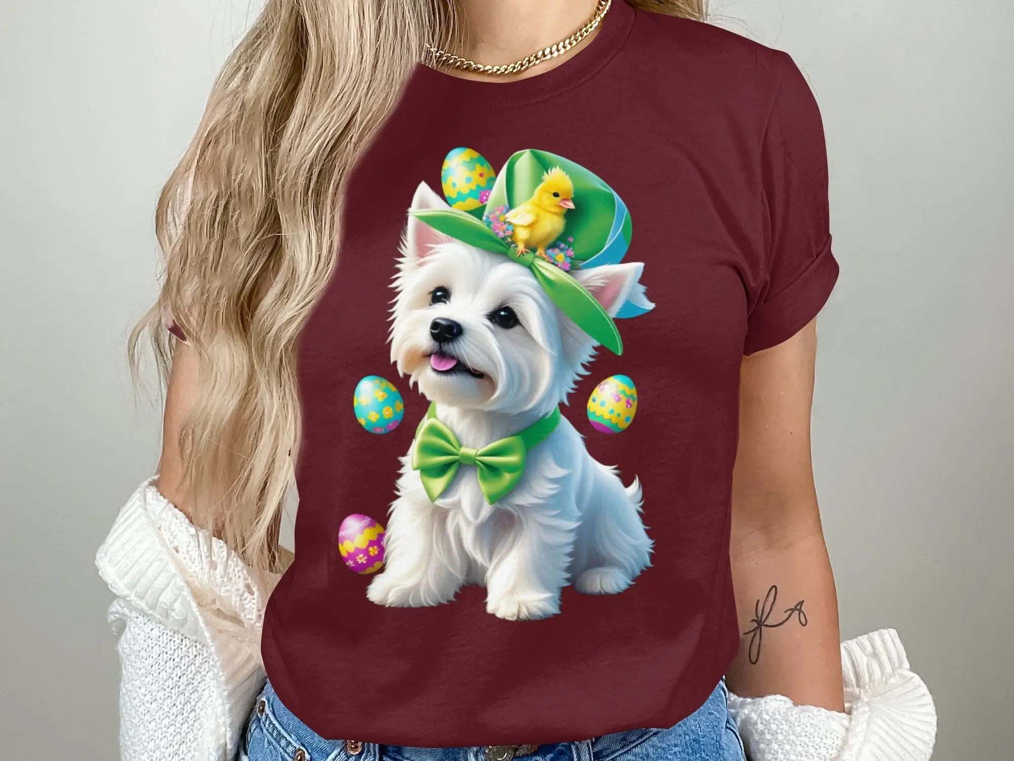 Cute Easter Westie T Shirt Spring Dog Lover Floral Hat and Chick Pet Illustration Holiday Clothing Animal Top