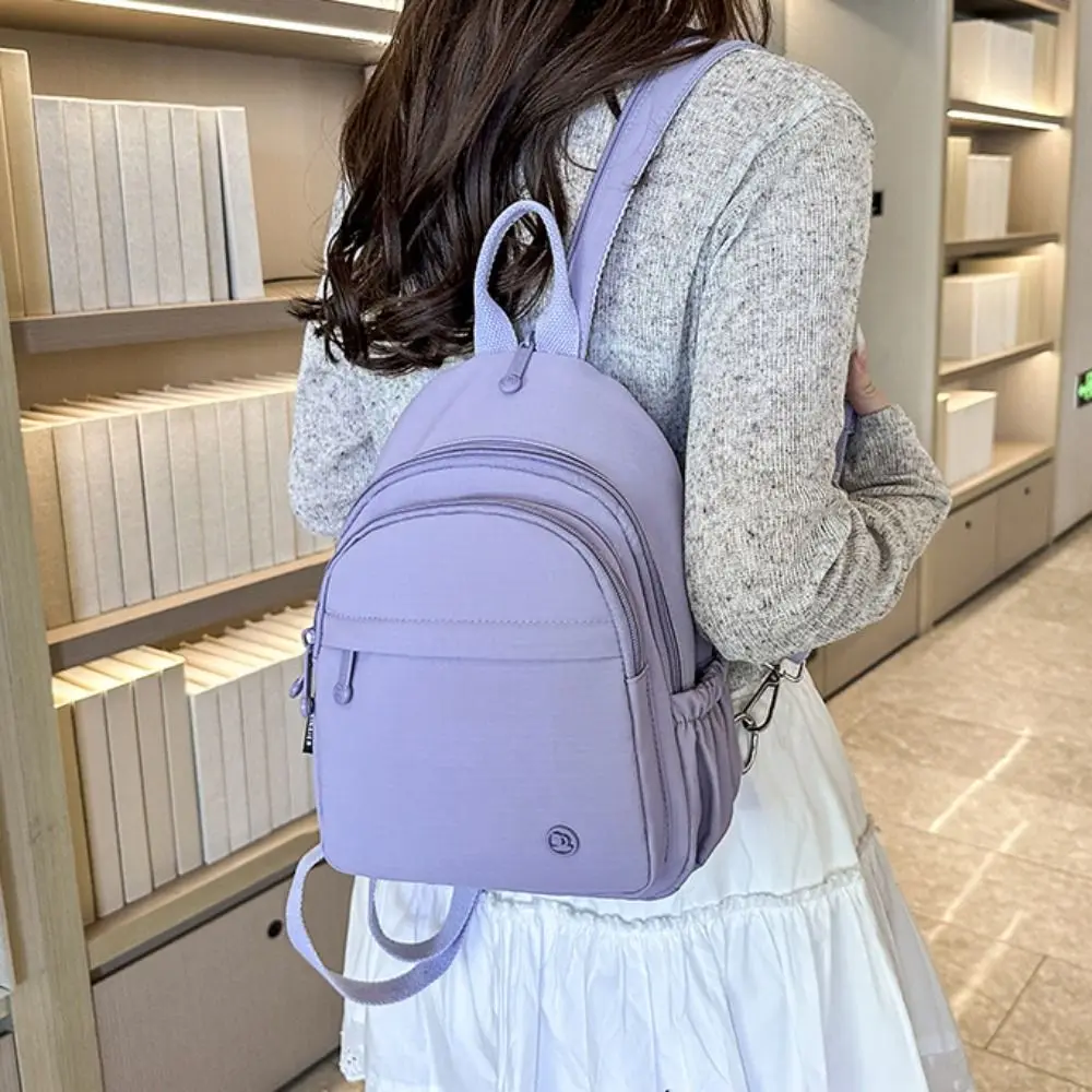 

Portable Women Nylon Backpack Waterproof Lightweight Multipockets Casual Backpack Solid Color with Handle