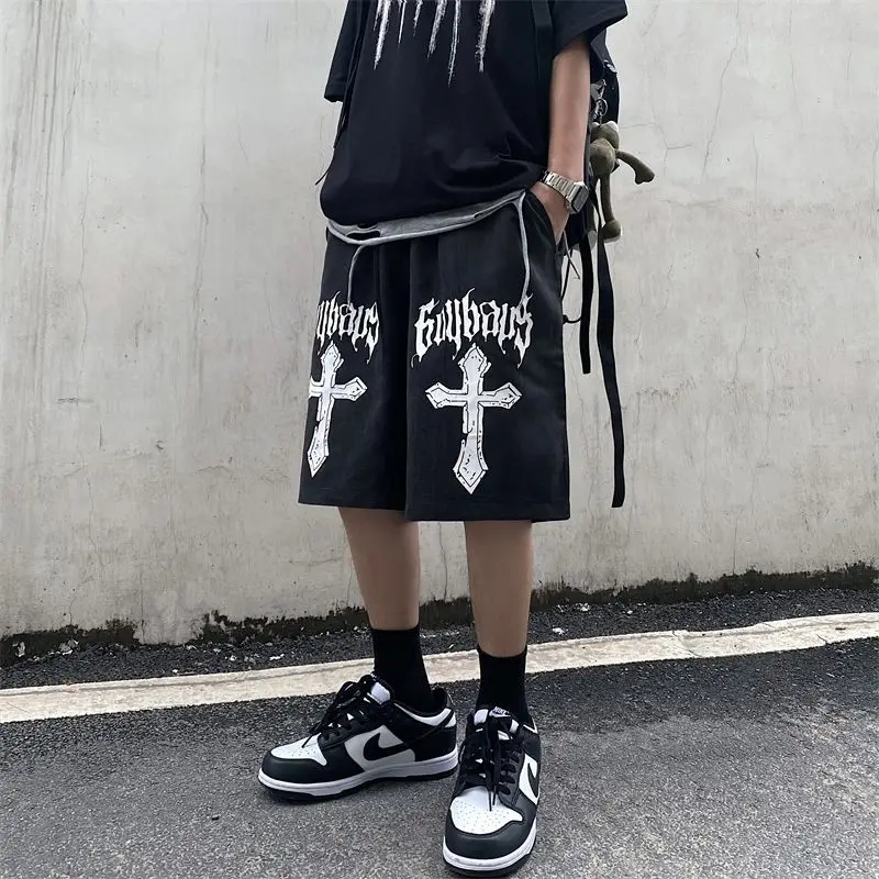 National tide dark cross print casual shorts men\'s loose hiphop American street hip-hop style five-point pants y2k shorts men