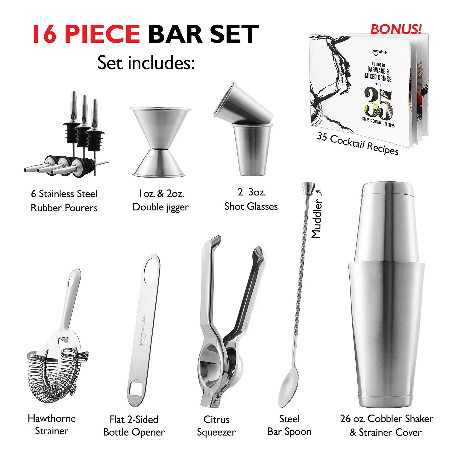 

16 PC Bartender Kit Complete Cocktail Shaker Bar Tools Set with Lemon Squeezer