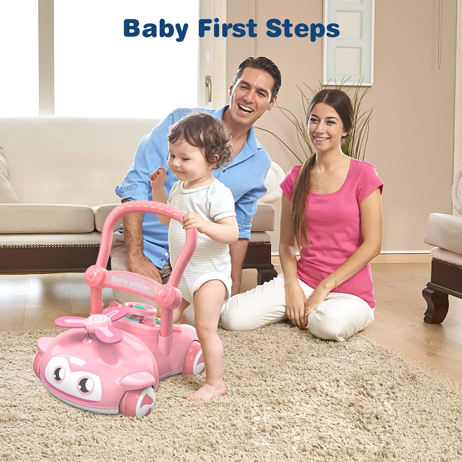 รถหัดเดินรูปการ์ตูนพร้อมการปรับความสูงสองระดับและปรับความเร็วได้, เพลง, พัดลมหมุน, ของขวัญอายุหนึ่งปี, ของขวัญคริสต์มาส, ของขวัญวันเด็ก