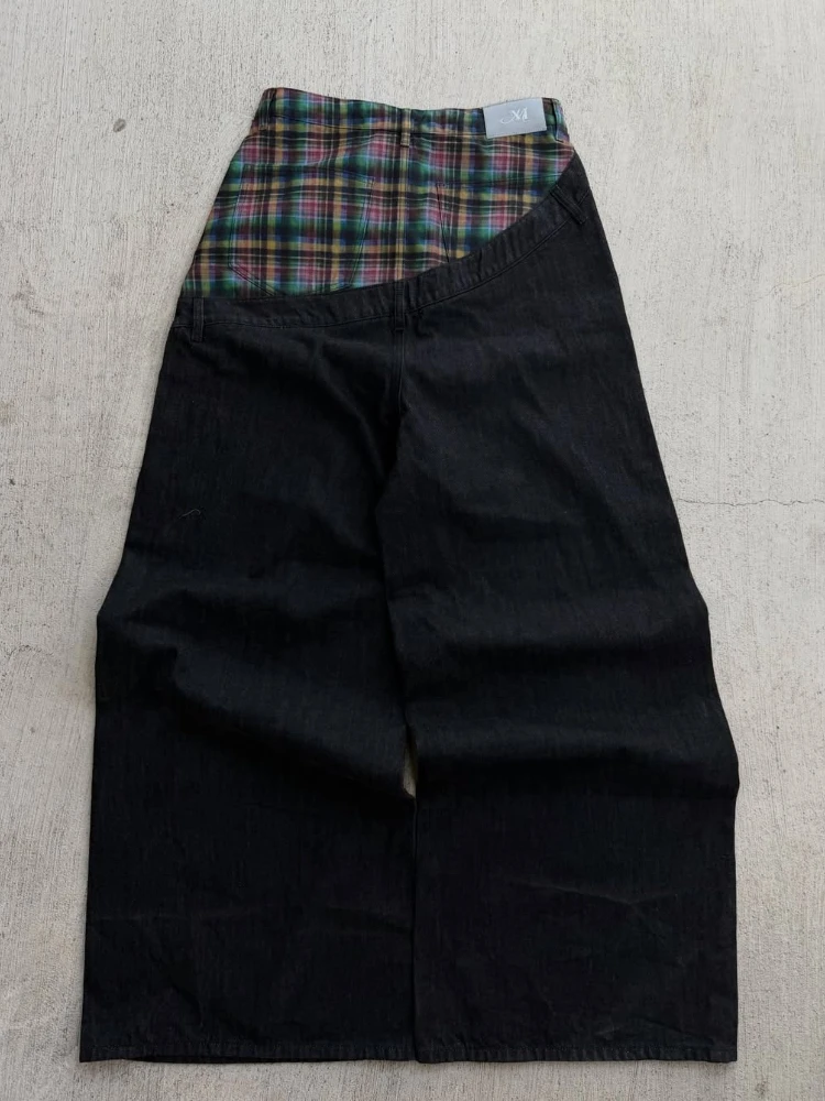 Y2K Trendy Slanted Runway Denim Black Plaid Pattern Printed Denim Pants High Street Streetwear Unisex Wide Leg Baggy Fit Jeans