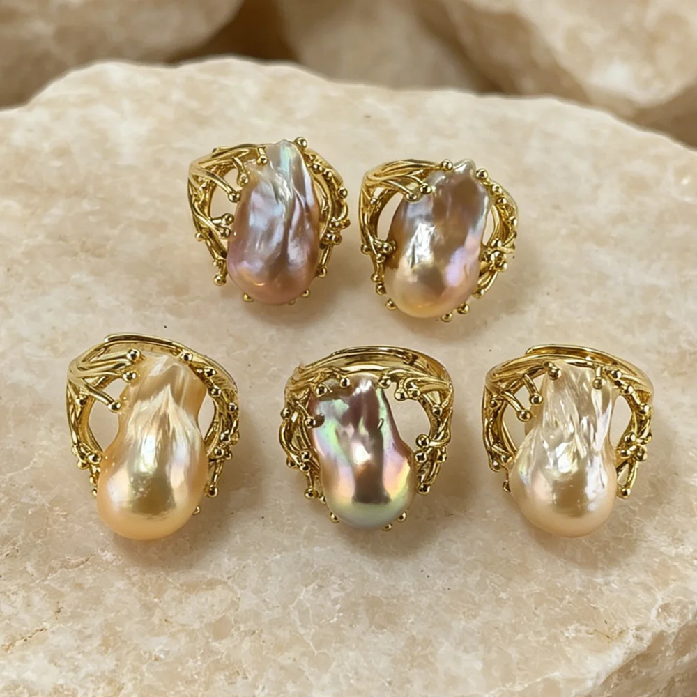 Refined Vintage Natural Baroque Pearl Rings Golden Plated Delicate Branch Open Band Wholesale for Daily Work Attire R2G524