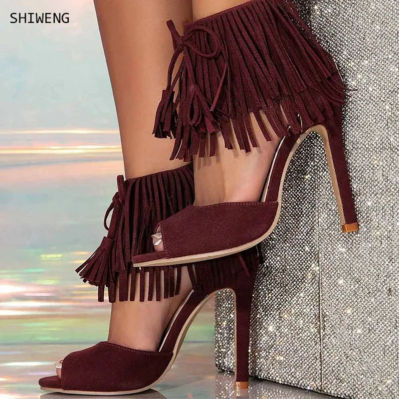 

2025 New Style Tassels Open Toe Knee High Sandals Women Gladiator Faux Suede High Heels Shoes Ladies Trendy Party Chic Sandal