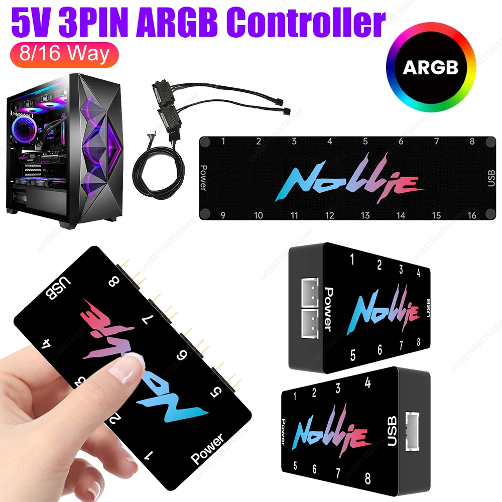 5V 3PIN ARGB Splitter HUB 8/16 Way Hub Addressable Support SignalRGB OpenRGB SATA Power for Extended Motherboard Interface