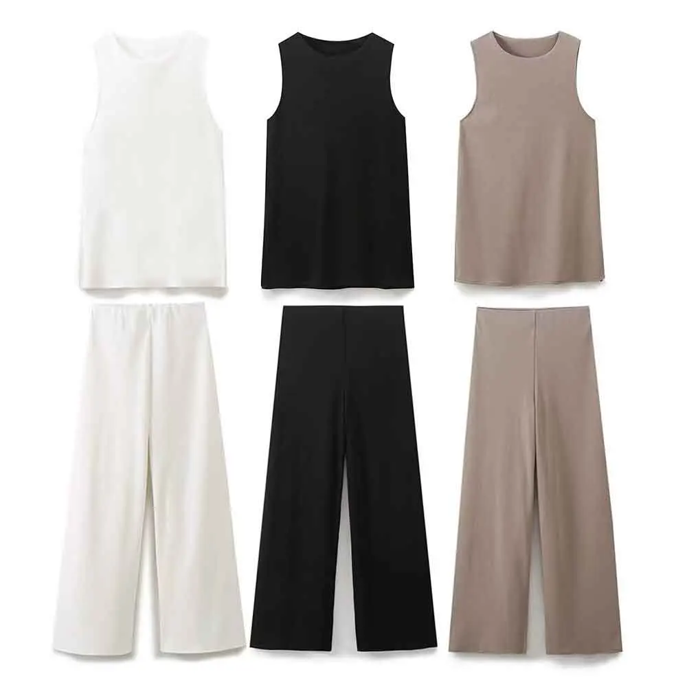 2024 Women Summer 2 Piece Vest Pant Sets Female Soild Casual O Neck Vest Top+ Elastic Waist Loose Trousers Spring Outfits