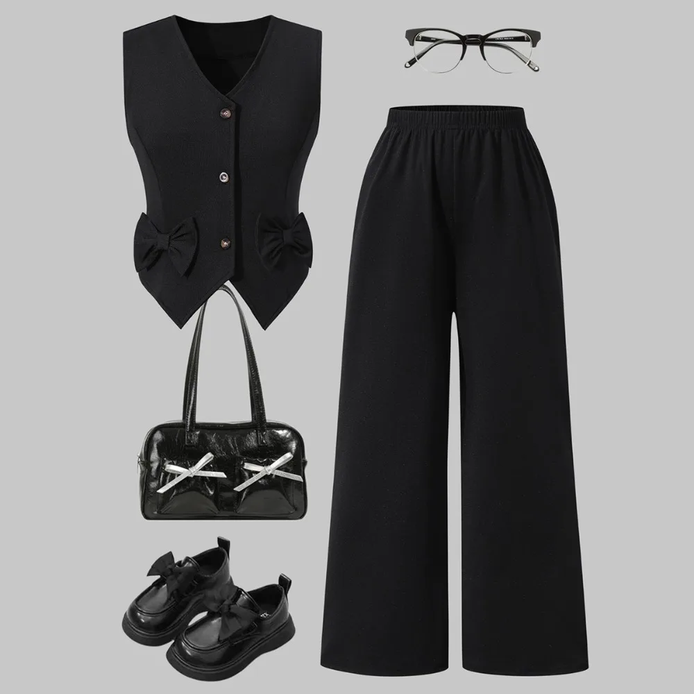 2026 Spring Summer Girls 2PCS Outfit, Fashion Bowknot Cardigan & Pants Set, Kids Blazer Suit Style for 4-12Y