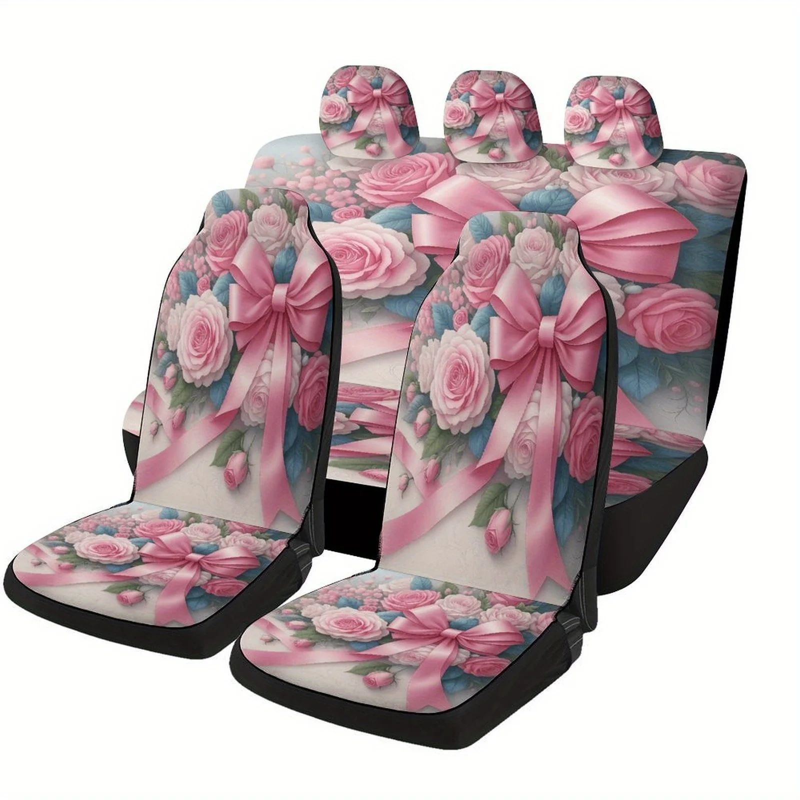 Set Of Car Seat Covers Featuring A Rose Bouquet Design With Ribbons, Suitable For Various Vehicles. These High-Quality, Comforta