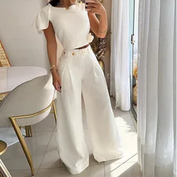 Elegant Pants Set Women Petal Sleeve Crop Top Straight Trousers Two Piece Set Shirt Set Work Top Matching Sets 2 Piece Sets Y2k