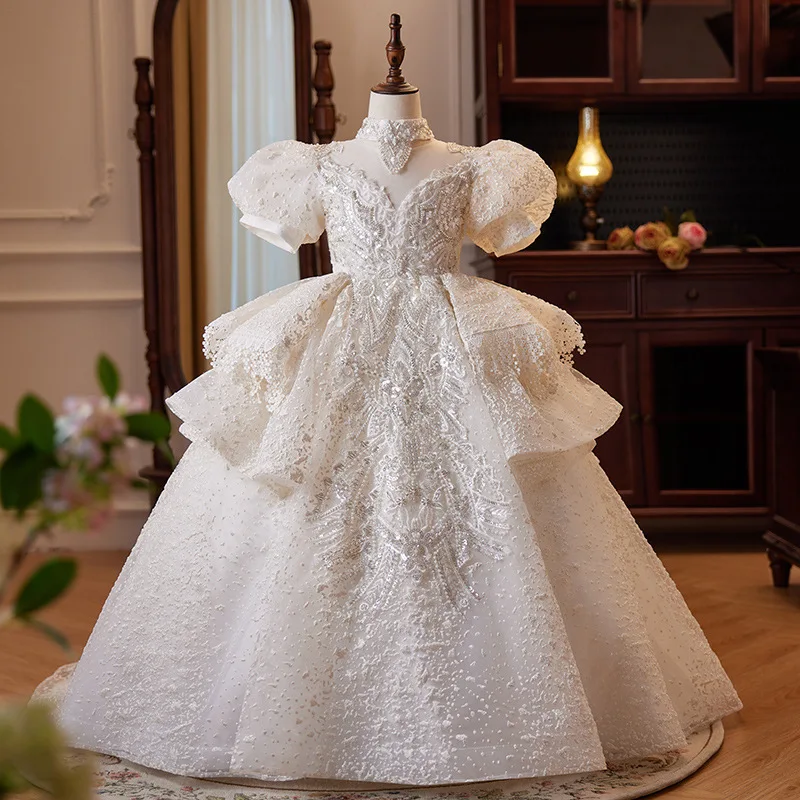 Girls' Formal Dress Princess Gown 2025 New White Heavy Craft Children's Host Piano Performance Dress with Train Wholesale