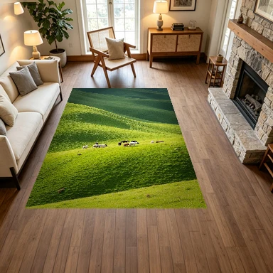 Green Rolling Hills Grassland Grazing Livestock Carpet Flooring, Natural Pasture Scenery Non-Slip Area Rug for Living Room Bedroom Home Decor