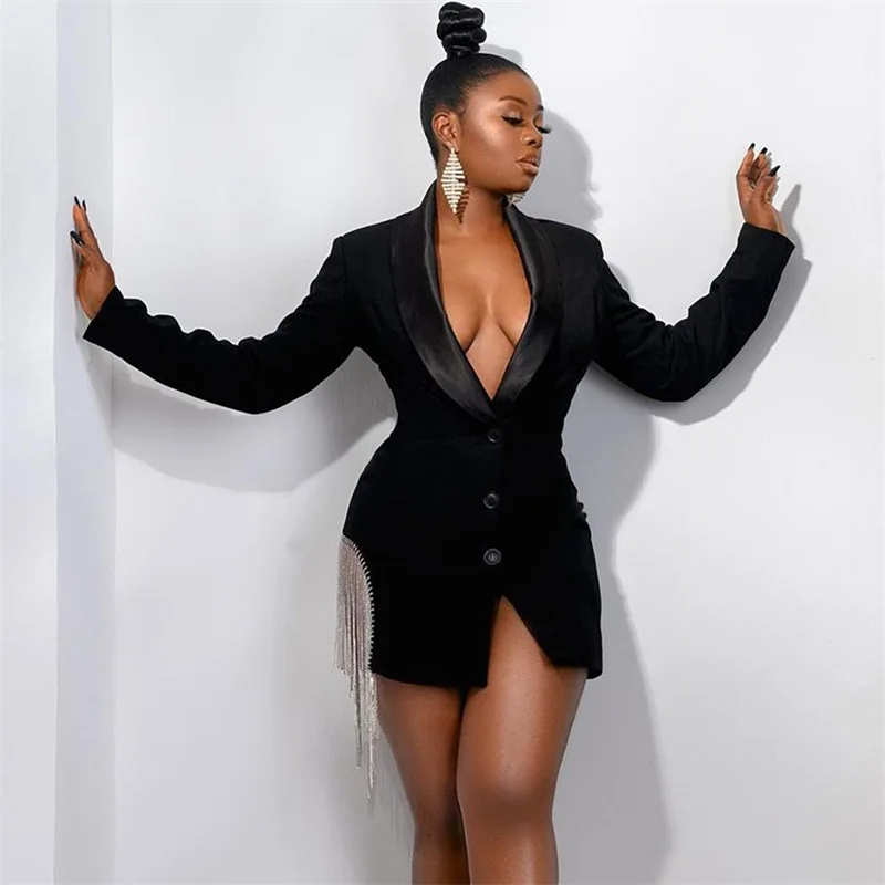 Sexy Black Women Suit Long Blazer Beading Hot Girl Mini Party Prom Dress Satin Lapel Formal Casual Night Club Jacket Outfit