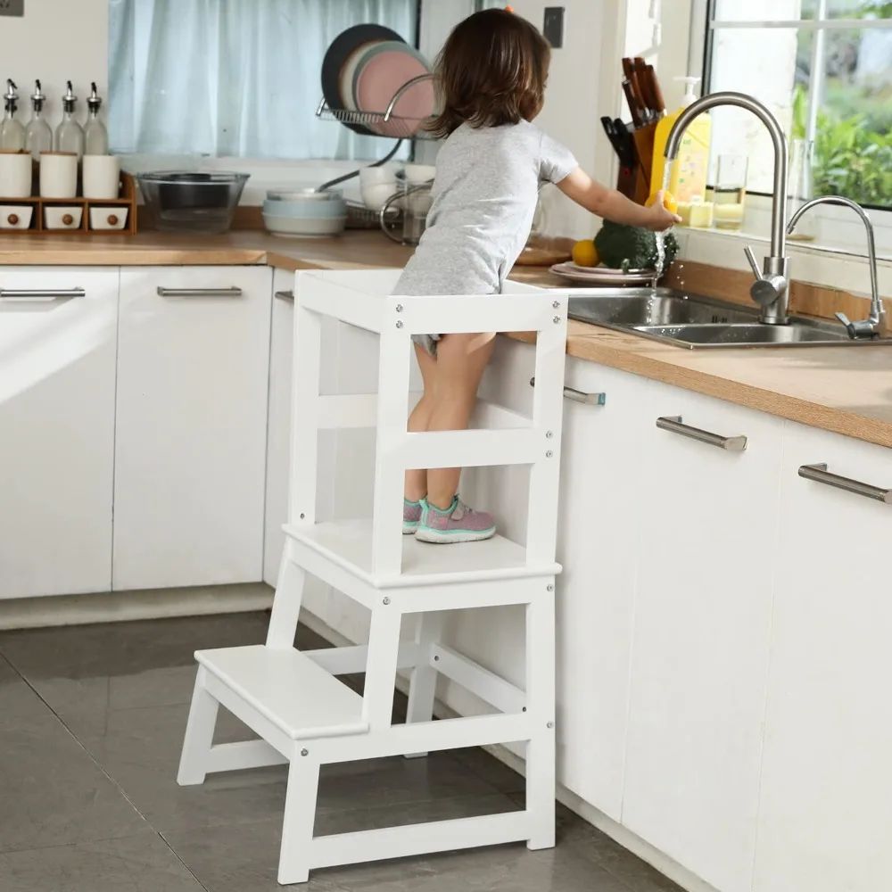 Kitchen Step Stool for Toddlers,  Kids Learning Stool,Baby Standing Tower for Counter,Children Standing Helper (White)