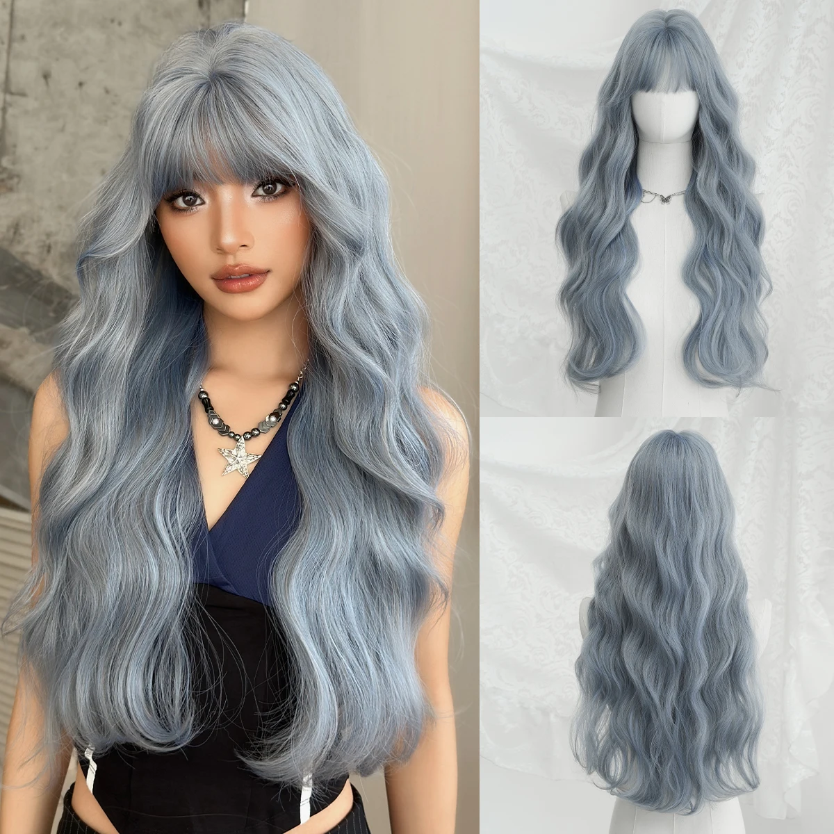 

NAMM Long Straight Blue Wig Natural Looking High Quality Fiber Synthetic Wig for Women Daily Music Festival Party Wear Use