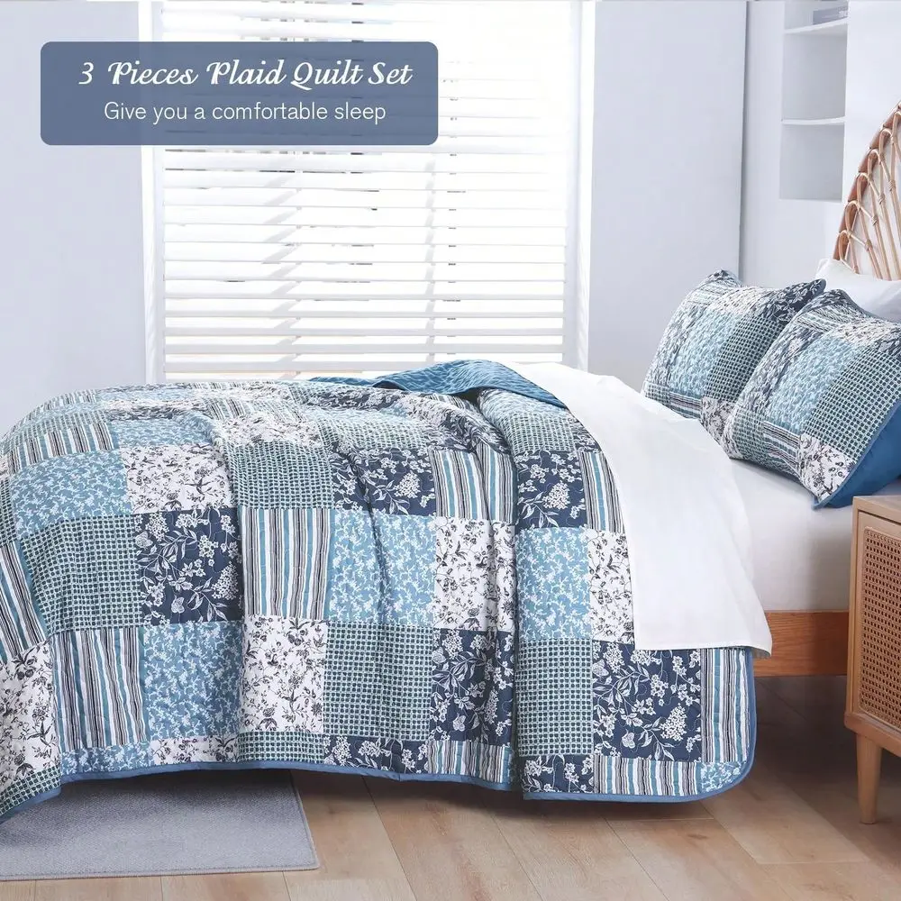 

Комплект двустороннего покрывала с цветочным и клетчатым узором, темно-синий, размеры Queen, King, California King, из мягкой микрофибры, для комплекта постельного белья.