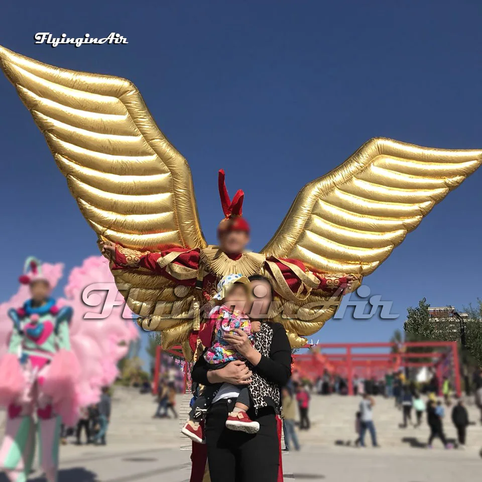 

Luxury Adult Wearable Golden Inflatable Angel Wings Parade Costume Walking Blow Up Dancing Clothing For Fashion Show