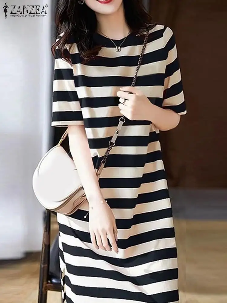 ZANZEA Summer 2024 Women T-shirt Dress O Neck Striped Korean Fashion Elegant Robes Casual Half Sleeve Loose Knee-length Vestidos