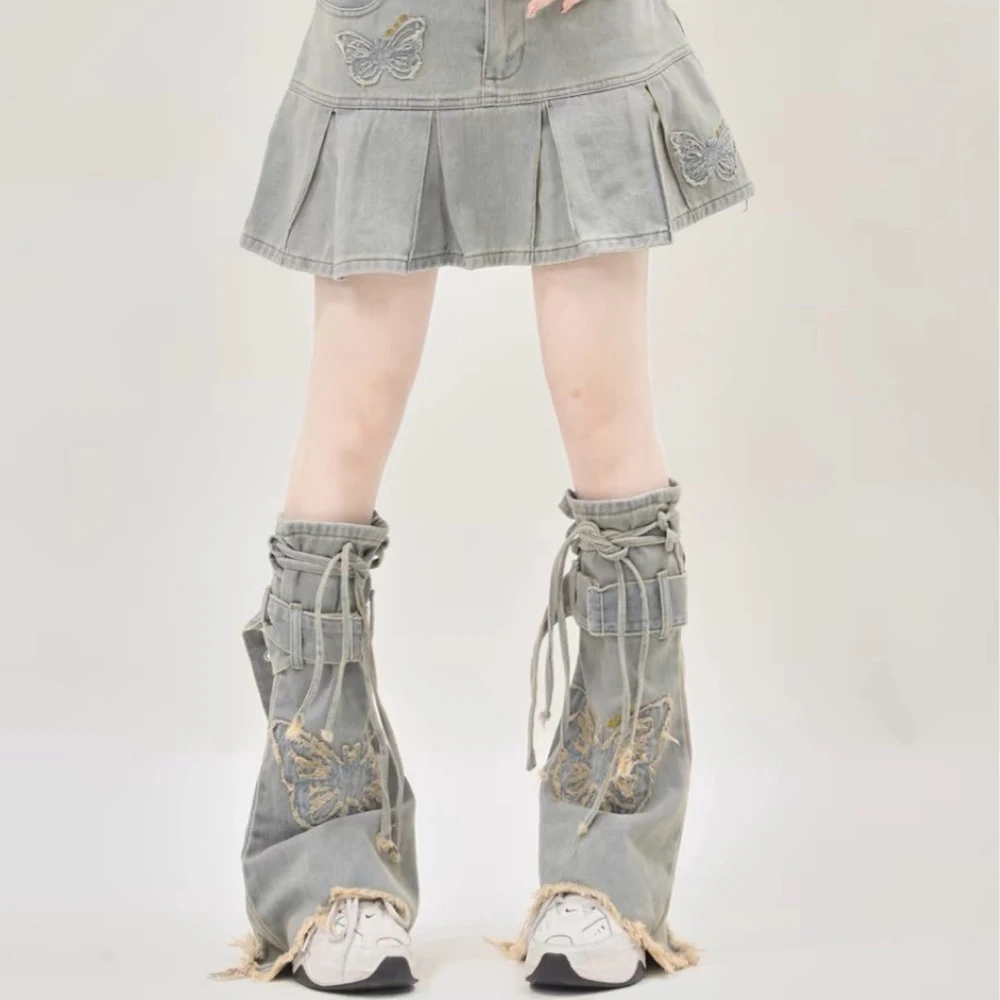 Y2K Harajuku Denims Leg Covers Vintage Embroidered Butterfly Punk Jeans Belt Lace-up Flared Calf Socks Leg Warmers for Women