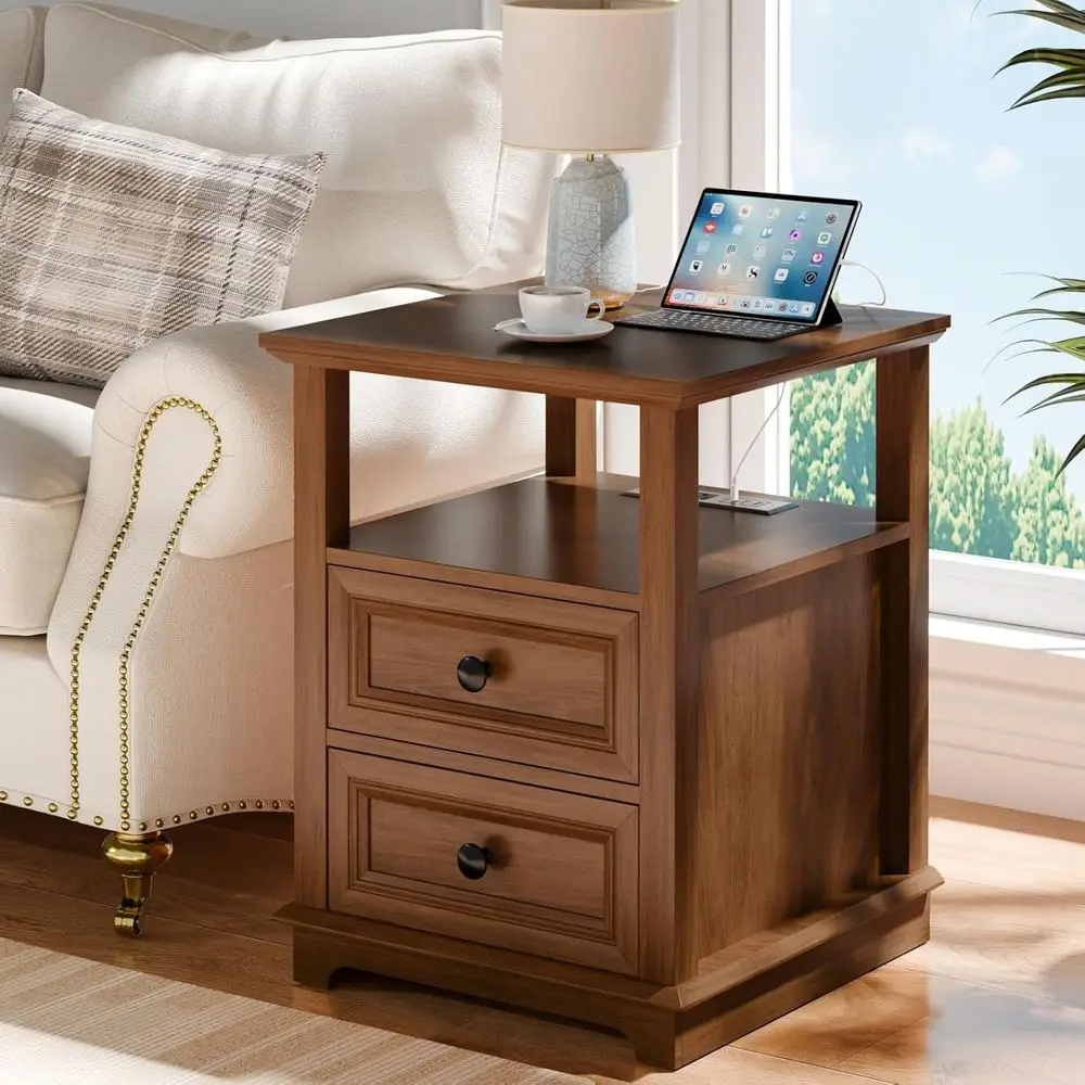 18 Wide Rustic Wood Side Table with USB C Charging Station and Storage for Living Room, Bedroom, or Office