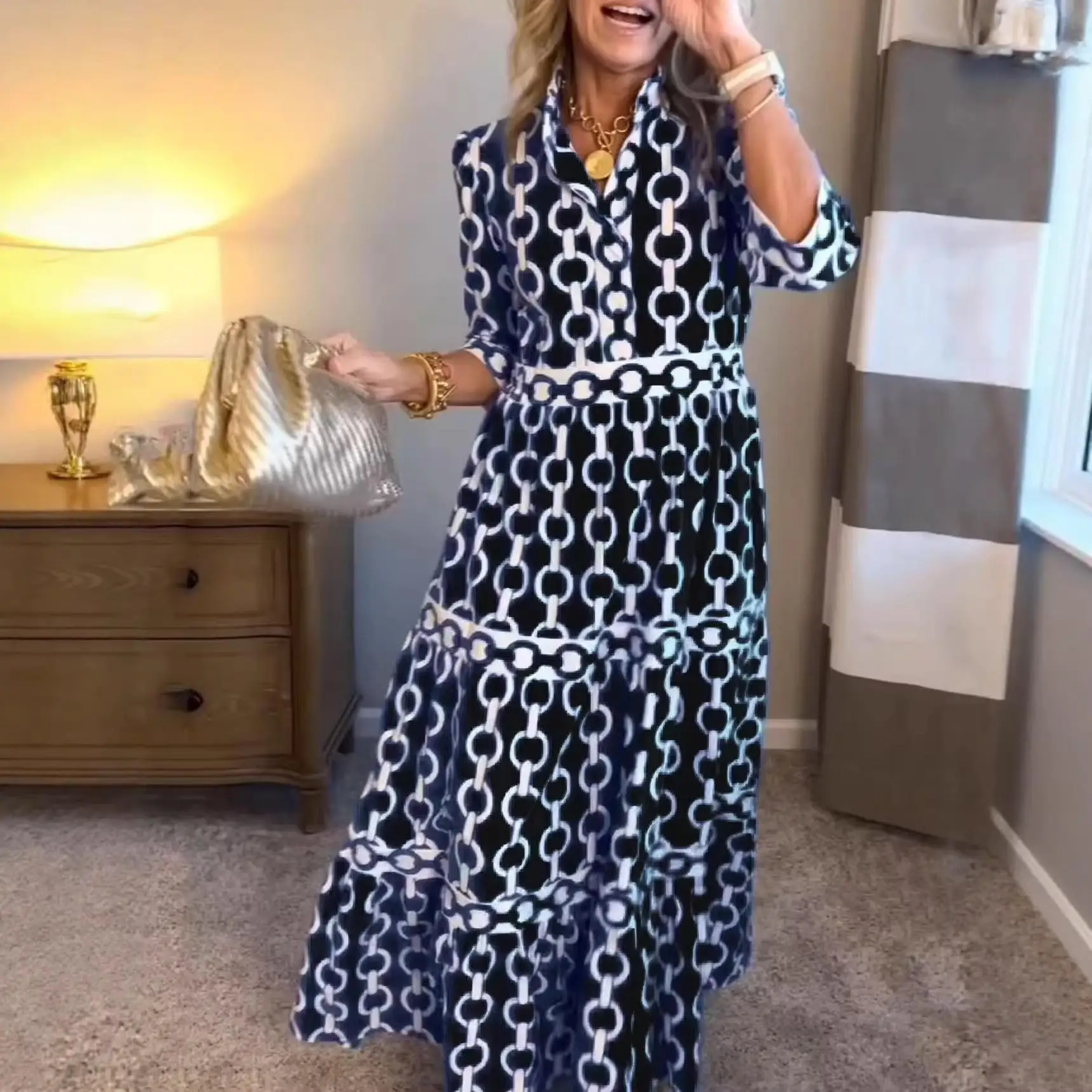 

2026 New Printed Long Dress Women's Fashion Cross-Border Skirt Slim Fit Sport Style Triacetate Fiber Long Gown for Ladies