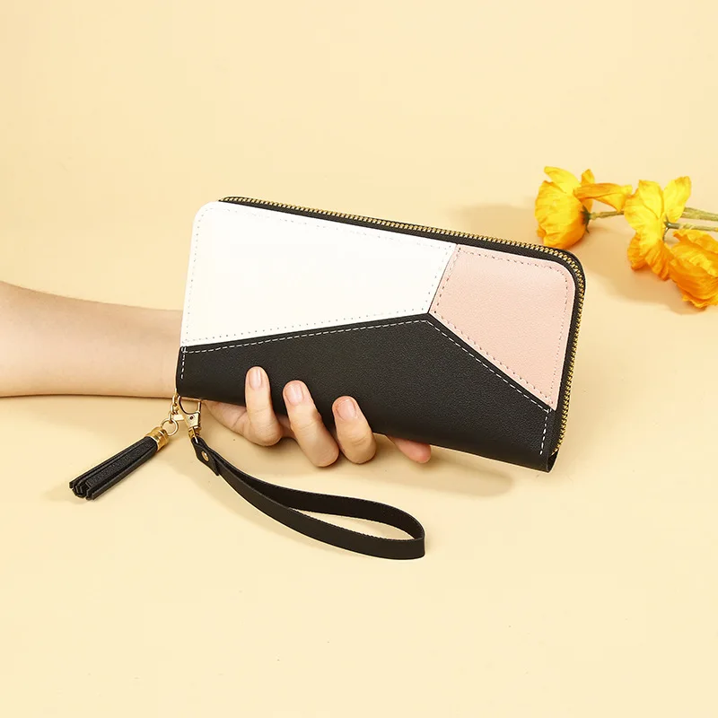 Women's Patchwork Wallet Pink Women Wallets  Long Korean-style Contrasting Color Panel Zip Tassled Mobile Phone Clutch Bag